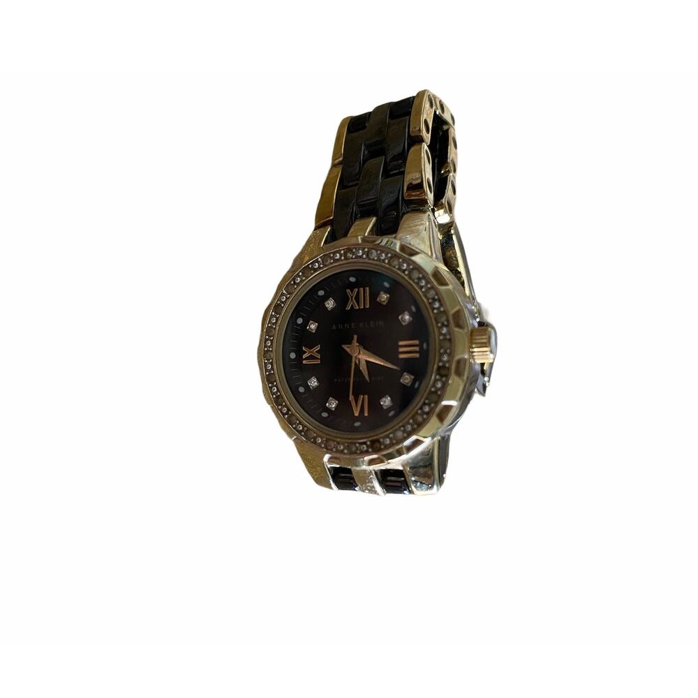 Anne Klein 10/9456 Two-Tone Gold & Black Ceramic Watch with Swarovski Crystals